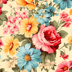 Bright Floral Pattern with Roses and Hibiscus