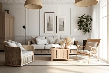The interior of the beautiful comfortable coastal style living room is decorated with modern furniture with snow-white natural light. For backdrop design, scene frame. 