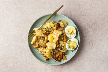 Delicious hearty dinners or lunches, fried young potatoes with forest mushrooms Chanterelles with dill, boiled eggs, seasonal food