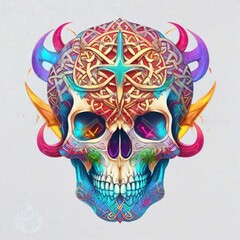 A human skull decorated with intricate colorful design.