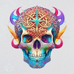 A human skull decorated with intricate colorful design.