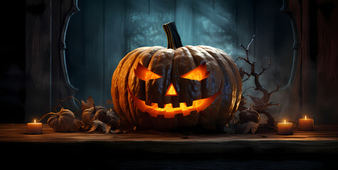 Enigmatic Halloween: Beautiful Pumpkin with Smokey Background, Layered Paper, and Archaeological Object