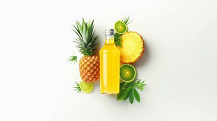 Top view of organic fruits and juice bottle with pineapple, lime on white background.