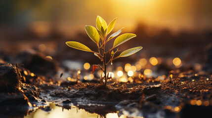 Small tree growing from fertile soil on sunset.