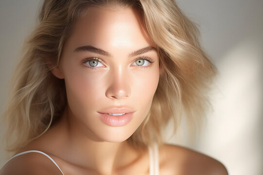 Portrait of beauty caucasian woman with perfect healthy glow skin facial