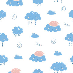 Seamless pattern with cute clouds. Good night. Vector illustration for textile and nursery decoration