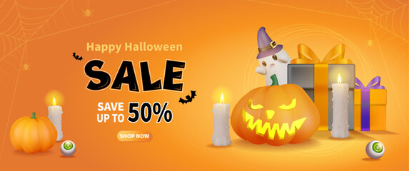 Halloween sale banner with jack-o-lanterns, gifts, candles and ghosts