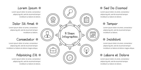 Doodle circle diagram with eight elements with place for icons and text, handdrawn infographic template, vector eps10 illustration