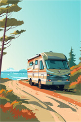 Vector RV motorhome road trip on highway with mountains illustration concept. Retro poster for van life, vacation in mobile home, nature landscape
