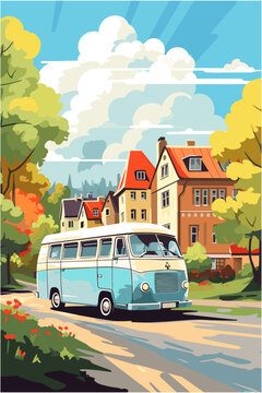 Vector RV motorhome road trip in European French village illustration concept. Retro poster for van life, vacation, landscape. Background art