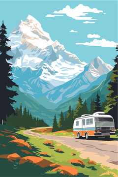 Vector RV motorhome road trip on highway to mountains illustration concept. Retro poster for van life, vacation in mobile home, mountains landscape