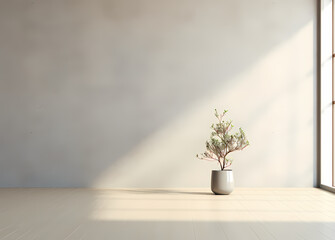 Minimalist Ceramics: Light-Filled Room with Glass Walls and Floor Plant in Light Gray: Mockup