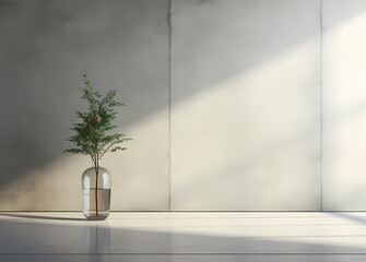 Surreal Minimalism: Glass-Walled Empty Room with Floor Plant in Light Gray: Mockup