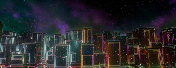 Futuristic Abstract Neon Cyber City Skyline/  d Illustration. © swatch+soda