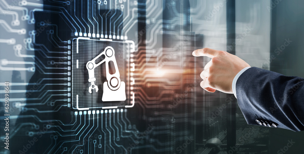 Poster man clicking on a virtual screen: automation software innovation technology. business process optimi
