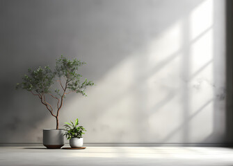 Light-Filled Tranquility: 3D Render of Grey Walls, Room, and Plant Mock-Up