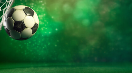 Fototapeta premium Soccer ball with goal net on green background.