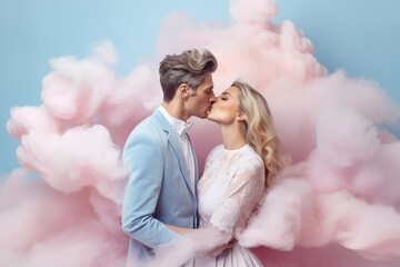 Beautiful young couple in love kissing and hugging on a background of clouds