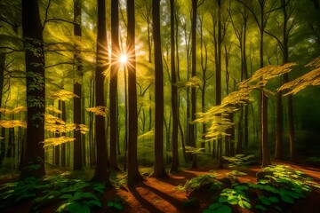 Naklejka na ściany i meble Shafts of sunlight filter through the foliage, creating a mesmerizing play of light and shadow on the forest floor. The tranquility of the moment generative ai technology 