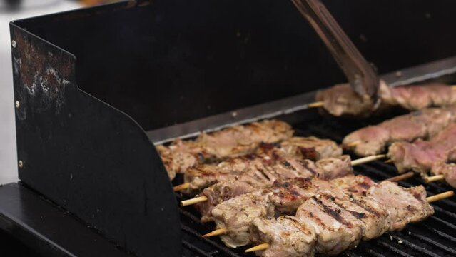 Extreme look at Souvalki grilling and sizzling.