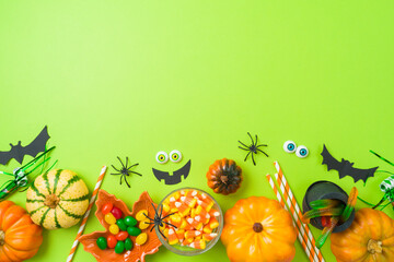 Halloween party concept. Pumpkin, candy and decorations on green background. Top view, flat lay