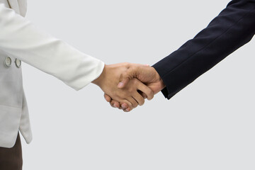 Professionals sealing a deal. Two professional individuals are engaging in a firm handshake. It...