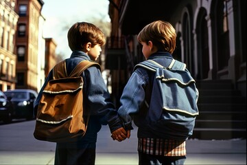 Fototapeta premium Two young boys walking hand in hand on their way to school. PNG. Transpareng. Generative AI