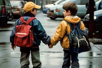 Two young boys holding hands as they walk down the street, excited for their first day back to school. PNG. Transpareng. Generative AI