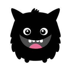 Cute monster. Happy Halloween. Funny head face with teeth, tongue, ears. Cartoon kawaii screaming boo funny baby character. Black silhouette smiling scary monsters. Flat design. White background.