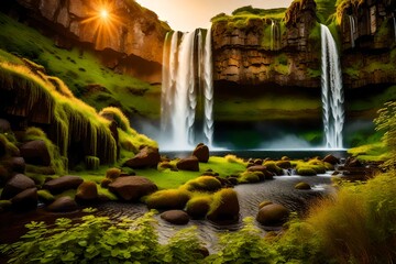  The Seljalandsfoss waterfall, a breathtaking natural wonder in Iceland, cascades gracefully from a height, its pristine waters reflecting the warm hues of the setting sun generative ai technology

