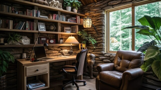 Inspiring office interior design Rustic style Office featuring Cozy cabin vibes architecture. Generative AI AIG 31.