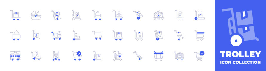 Trolley icon collection. Duotone style line stroke and bold. Vector illustration. Containing trolley, delivery, luggage, wagon, food trolley, shopping cart, trolley bus, cleaning tools, add, and more.