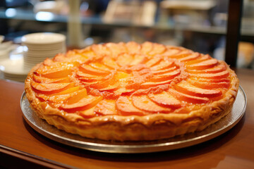 Peach  pie on display in a Parisian patisserie