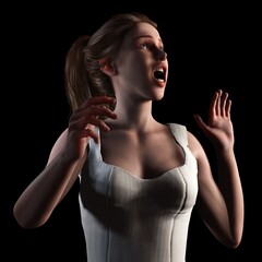 3D computer-rendered illustration of a startled woman