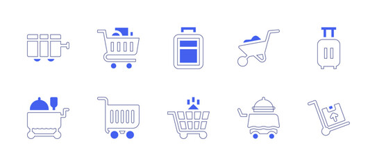 Trolley icon set. Duotone style line stroke and bold. Vector illustration. Containing trolley, shopping cart, luggage, wheelbarrow, baggage, food trolley, room service, box.