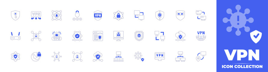 VPN icon collection. Duotone style line stroke and bold. Vector illustration. Containing vpn, computer, encrypt, connection, antivirus, local network, router, secure, shield, share, cloud, and more.