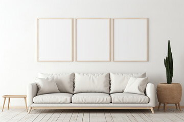 Blank horizontal poster frame mock up in living room interior, Modern living room interior background. Generated AI