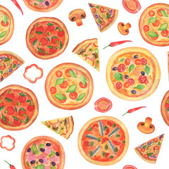 Fototapeta na wymiar Seamless pattern with watercolor different pizzas, slices of tomatoes and mushrooms champignons. Whole Italian pizza