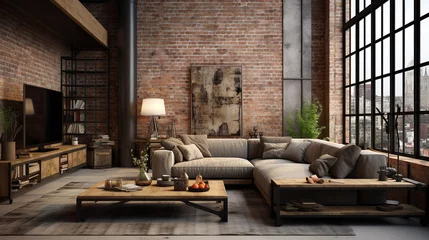 Fotobehang Oude deur Industrial style living room interior in the city center. Generative AI