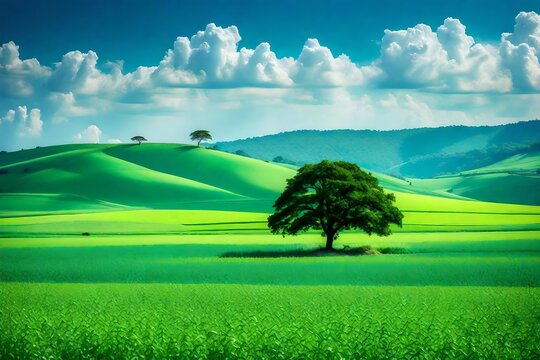 A vast expanse of lush green fields stretches as far as the eye can see, under a clear blue sky that seems to go on forever. A solitary tree stands proudly in the field generative ai technology
