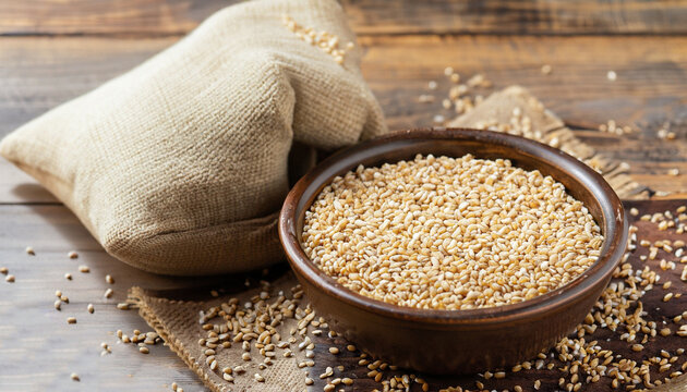 Buckwheat groats (hulled seeds) in bowl and burlap bag. Ingredient in breakfast food. Buckwheat whole grains on wooden table, selective focus