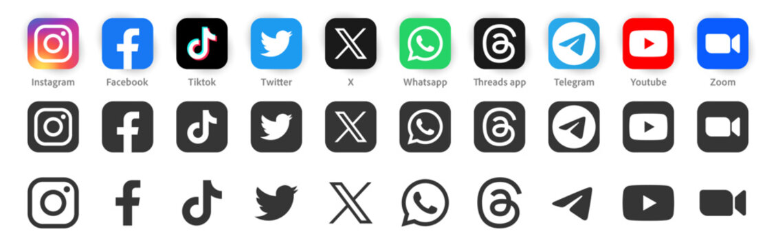 Social media icon logo vector set. Instagram, facebook, tiktok, twitter, X, whatsapp, threads app, telegram, youtube, zoom. Popular social media icons button collection