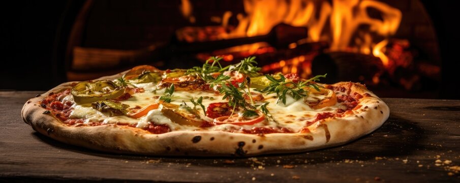 Rustic wooden table with pizza Margarita with fire in the back owen. generative ai