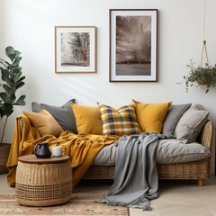 The interior of the apartment of the living room is modern and comfortable with honey yellow pillows, plaid gray sofa, decorated with paintings and wicker basket.