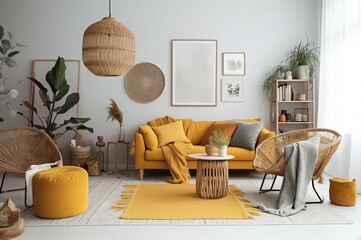 The interior of the apartment of the living room is modern and comfortable with honey yellow pillows, plaid gray sofa, decorated with paintings and wicker basket.