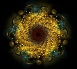3d illustration. Fractal. Abstract image. Yellow spiral flower with a red center on a black background. Graphic element, texture for web design.