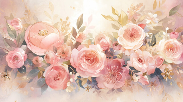 Bouquet of roses watercolor wallpaper background vintage generative AI photo