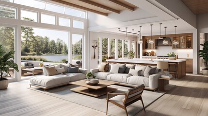 Modern and simple white luxury interior and lake view. Generative AI