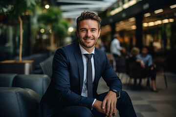 A handsome businessman in a suit in the office.