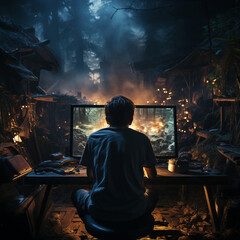 Concept of gaming addiction, featuring back view of a boy sitting in a dark room, lit by the glow of a screen. Capturing immersive nature of excessive gaming and its potential risks.